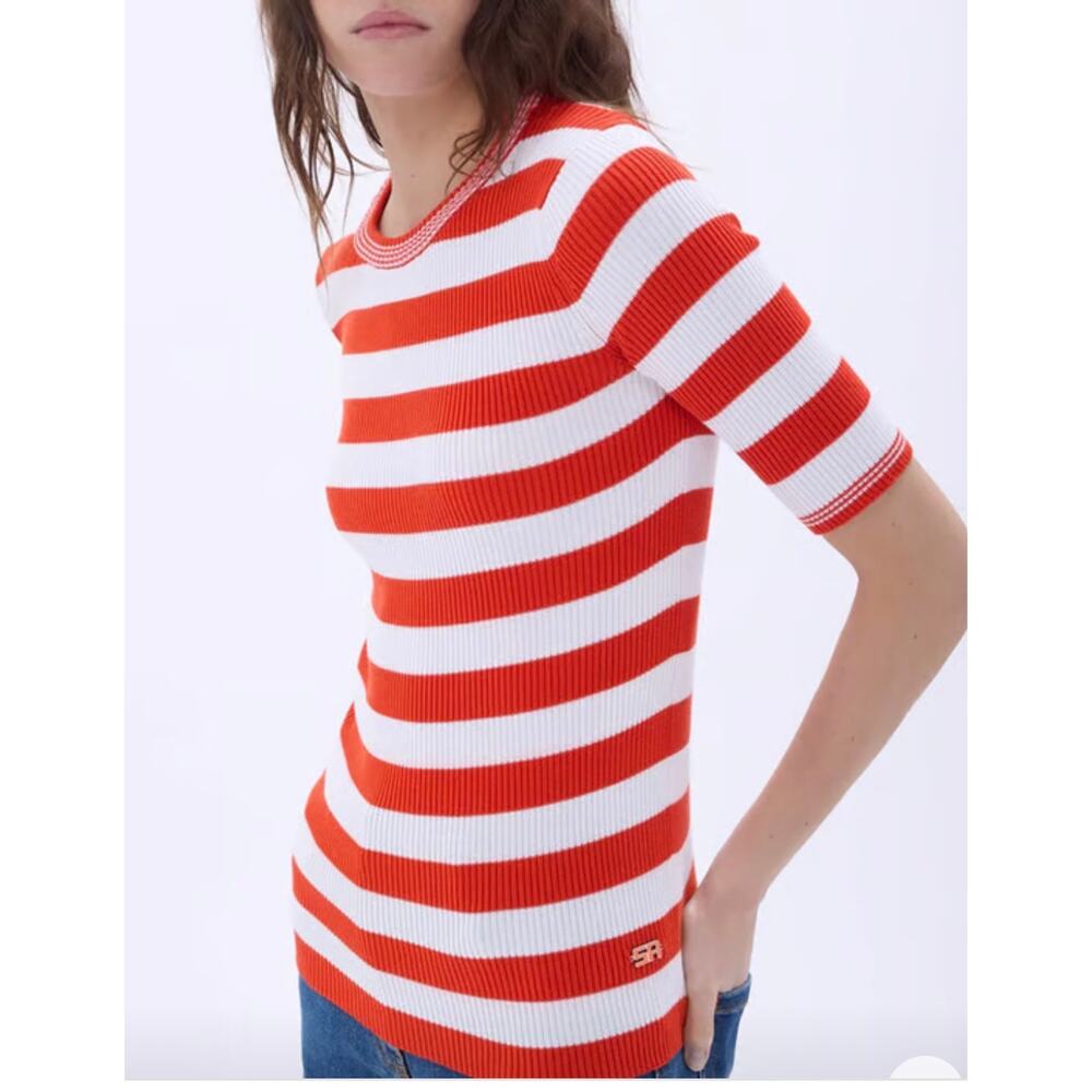 Sonia Rykiel Short Sleeve Stripe Sweater in Tangerine and White Stripe S - Picture 2 of 6